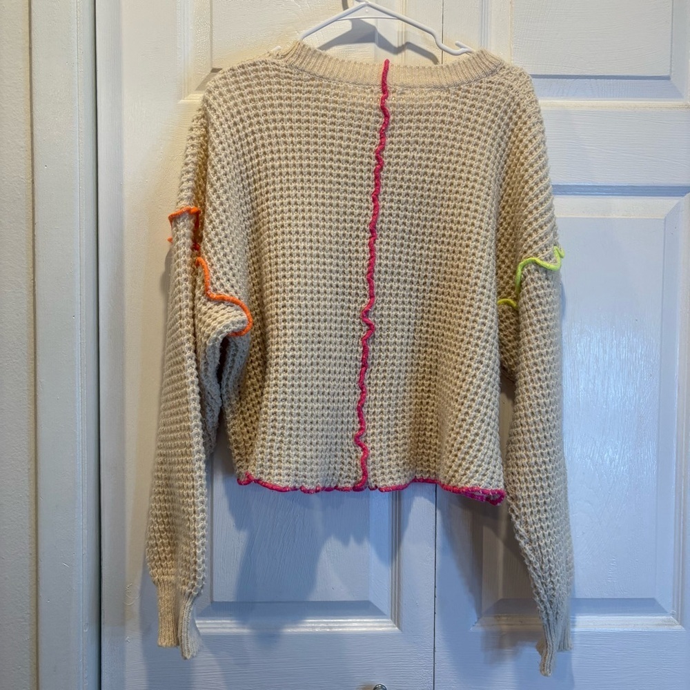 New In Cream Waffle Knit Long Sleeve Sweater with Neon Stitching - Size Medium - Picture 5 of 5
